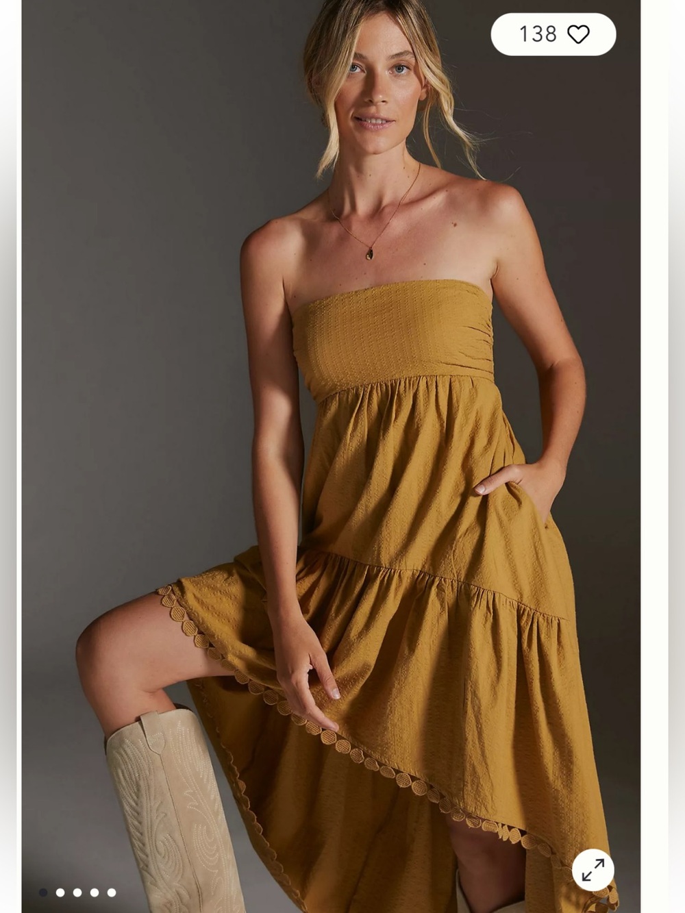 Maeve High-Low Strapless Tiered Midi Dress in Mustard